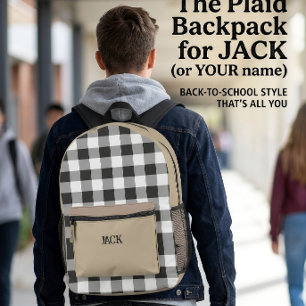 Schwarzes Gingham-Karomuster und Khaki-Beige-Monog Bedruckter Rucksack