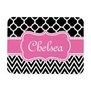 Schwarzes Gitter/Zickzack Muster-rosa Name Magnet