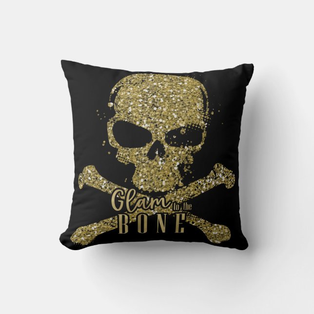 Schwarzes Glam zum Knochen-Gold-Glitzer-Schädel Kissen (Vorderseite)