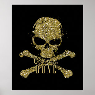 Schwarzes Glam zum Knochen-Gold-Glitzer-Schädel Poster