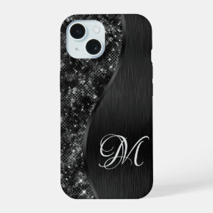 Schwarzes Glitter Glam Bling Personalisiertes Meta iPhone 15 Hülle