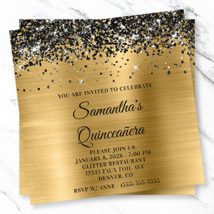 Schwarzes Glitter-Gold-Metall-Look Quinceanera Einladung