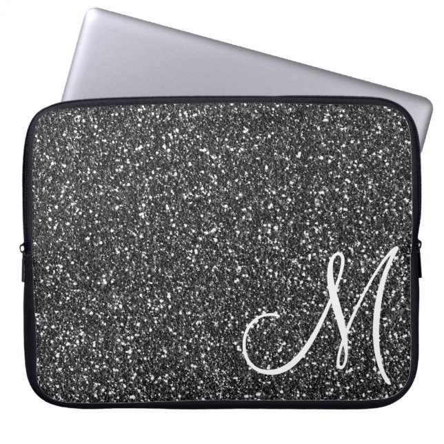 Schwarzes Glitter Monogramm Trendig Laptopschutzhülle (Vorderseite)