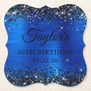 Schwarzes Glitter Royal Blau Folie 50. Geburtstag Untersetzer
