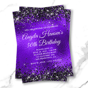 Schwarzes Glitter-Violett-Glas-Folie 50. Geburtsta Einladung