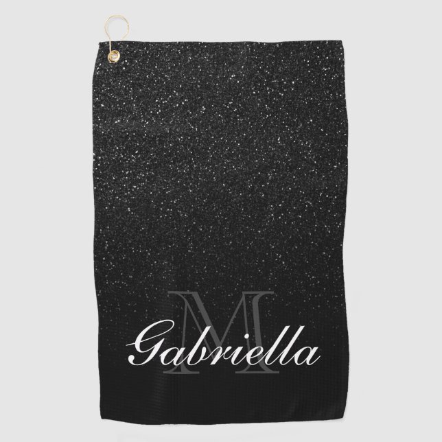 Schwarzes Glitzer-Monogramm Golfhandtuch (Vorderseite)