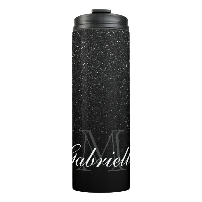 Schwarzes Glitzer-Monogramm Thermosbecher (Vorderseite)