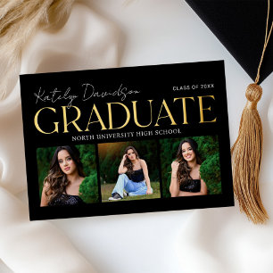 Schwarzes Gold Absolvent Drei Foto Collage Party Folieneinladung