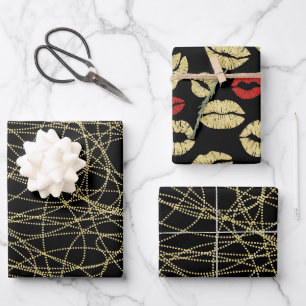 Schwarzes Gold Abstrakt Rote Lippen Brautparty Geschenkpapier Set