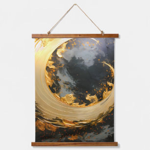 Schwarzes Gold Abstrakt Wirbel Modern Mond Wandteppich Mit Holzrahmen