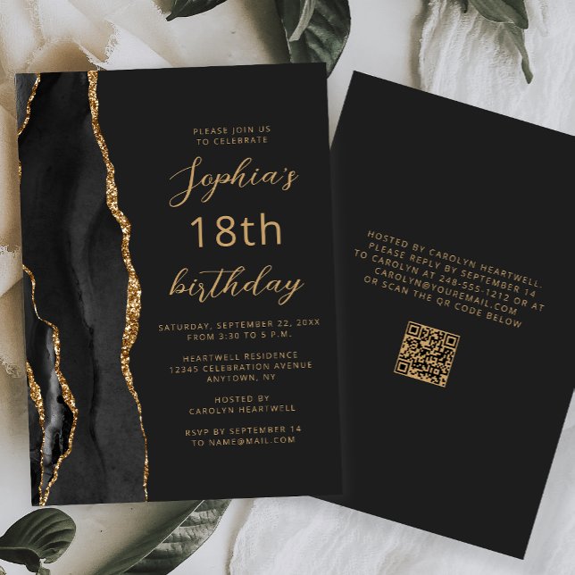 Schwarzes Gold-Achat-Script Dark-QR-Code 18. Gebur Einladung (Von Creator hochgeladen)