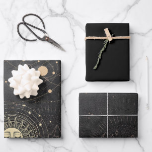 Schwarzes Gold Astrologisches Muster Geschenkpapier Set