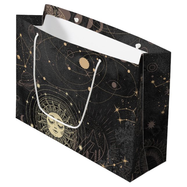 Schwarzes Gold Astrologisches Muster Große Geschenktüte (Vorderseite Schrägansicht)