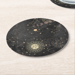 Schwarzes Gold Astrologisches Muster Runder Pappuntersetzer