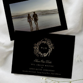 Schwarzes Gold auf Ebony Botanische Monogramm-Hoch Save The Date