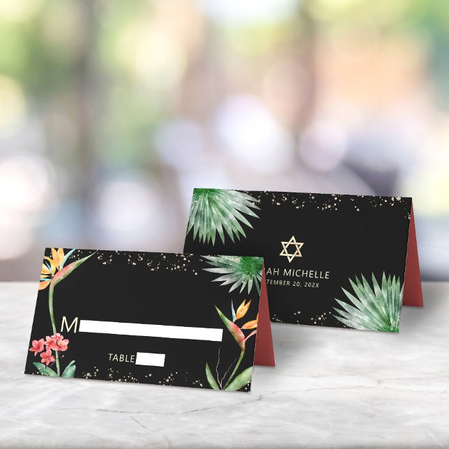 Schwarzes Gold Bat Mitzvah Tropenflora Wasserfarbe Platzkarte (Von Creator hochgeladen)