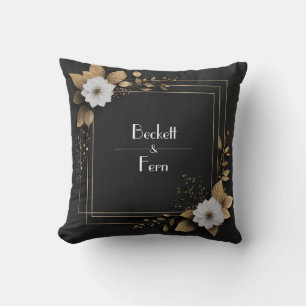 Schwarzes Gold Blatt Weiße Blume Glamourös Modern Kissen