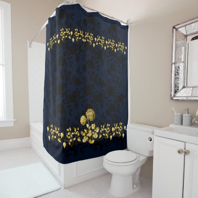 Schwarzes Gold BlumenToile auf Marine-Blau Duschvorhang (Beispiel)