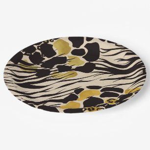 Schwarzes Gold Braunes Zoo-Tiere Safari-Druck-Part Pappteller