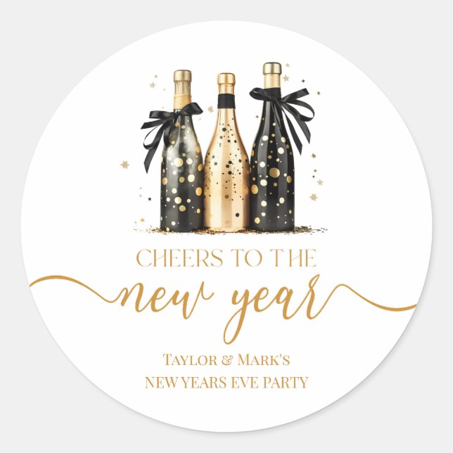 Schwarzes Gold Champagner Prost Neujahrsfeier Runder Aufkleber (Vorderseite)