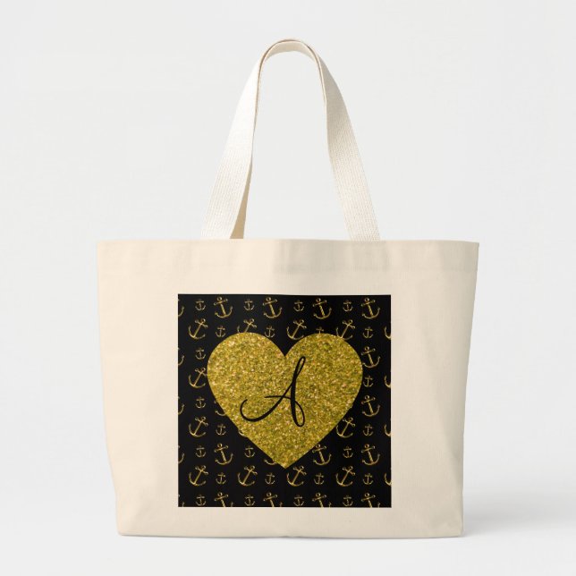 Schwarzes Gold des Monogramms verankert Muster Jumbo Stoffbeutel (Vorne)