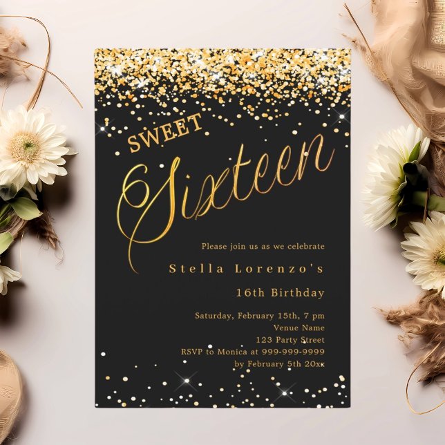 Schwarzes Gold Drehbuch elegant Sweet 16 Einladung (Von Creator hochgeladen)