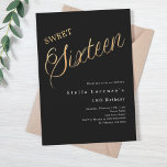 Schwarzes Gold Drehbuch elegant Sweet 16 Einladung<br><div class="desc">Eine moderne süße 16 Einladung. Klassischer schwarzer Hintergrund und das Wort Sechzehn mit großen Buchstaben in Imitat Gold geschrieben. Personalisieren und fügen Sie einen Namen und Party-Details hinzu. Weißer Text.</div>