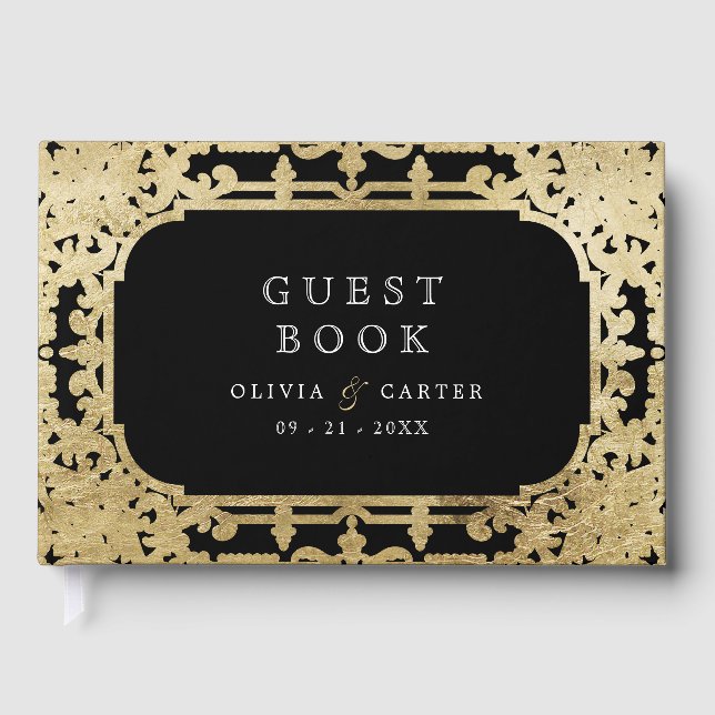 Schwarzes Gold elegante romantische Hochzeit Gästebuch (Vorderseite)