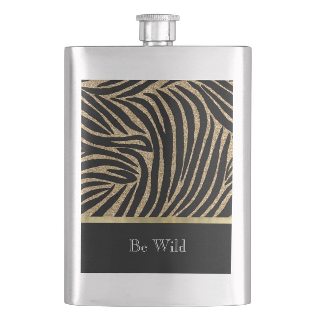 Schwarzes Gold Faux Glitter Zebra   Flachmann (Vorderseite)