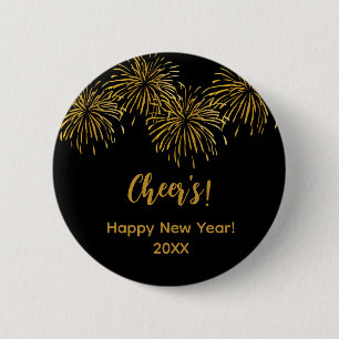 Schwarzes Gold-Feuerwerk Frohes Neues Jahr Party Button