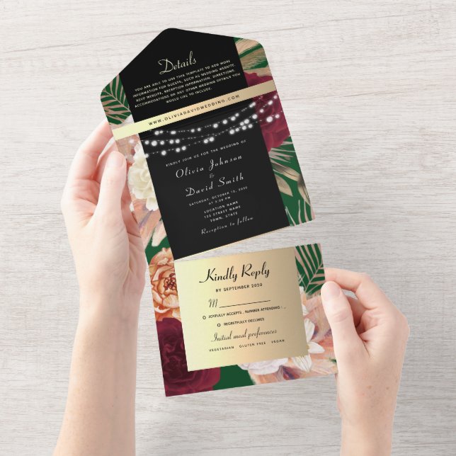 Schwarzes Gold-Floral-Hochzeit All In One Einladung (Abreißen)