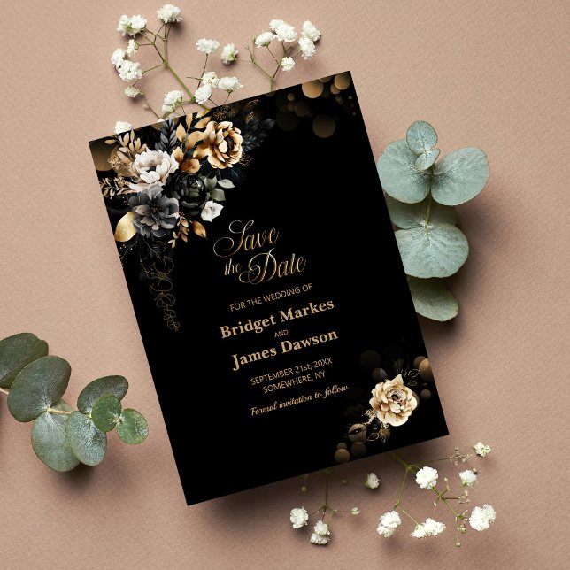 Schwarzes Gold-Floral-Hochzeit Save The Date (Von Creator hochgeladen)
