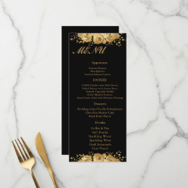 Schwarzes Gold Floral Rose Glam Hochzeitsempfangsm Menükarte