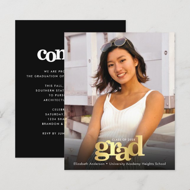 Schwarzes Gold-Foto Abschluss fett einladen (Vorne/Hinten)