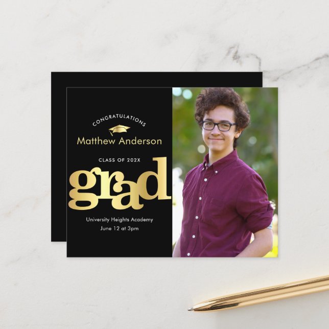 Schwarzes Gold-Foto fett an Abschluss-Einladung (Vorderseite/Rückseite Beispiel)