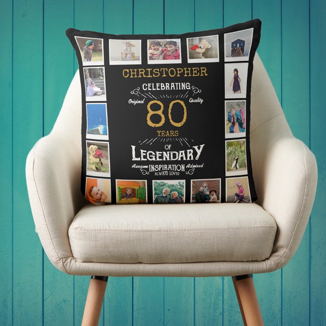 Schwarzes Gold-FotoCollage zum 80. Geburtstag Kissen (Personalized 80th birthday gift throw pillow with 16 photos of your choice.)