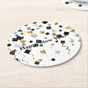 Schwarzes Gold Frohes Neues Jahr Konfetti Runder Pappuntersetzer
