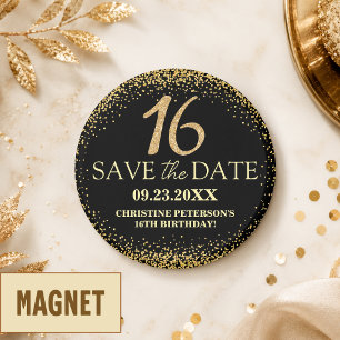 Schwarzes Gold Glitter 16. Geburtstag Save the Dat Magnet