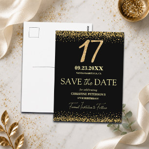 Schwarzes Gold Glitter 17. Geburtstag Save the Dat Postkarte