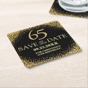 Schwarzes Gold-Glitter 65. Geburtstag Save-the-Dat Rechteckiger Pappuntersetzer