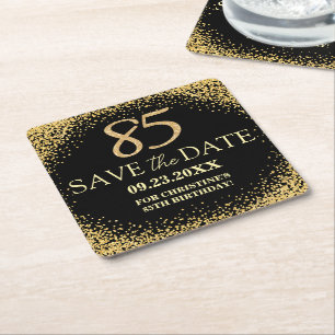 Schwarzes Gold-Glitter 85. Geburtstag Save the Dat Rechteckiger Pappuntersetzer