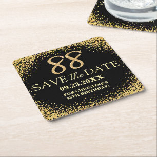 Schwarzes Gold-Glitter 88. Geburtstag Save-the-Dat Rechteckiger Pappuntersetzer