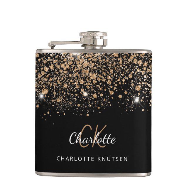 Schwarzes Gold-Glitter Best Friends Monogramm Flachmann (Vorderseite)