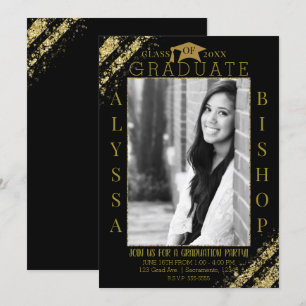 Schwarzes Gold Glitter Foto Abschluss Absolventen  Einladung