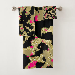 Schwarzes Gold Glitter Hot Pink Abstractes Schälen Badhandtuch Set