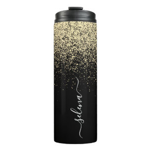 Schwarzes Gold Glitter Monogram Girly Thermosbecher