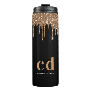 Schwarzes Gold Glittertropfen Monogramm Glanz eleg Thermosbecher