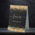 Schwarzes Gold Glitzer Glitzern Gast-Favoriten Tischaufsteller<br><div class="desc">Schwarzer Hintergrund. Dekoriert mit Imitaten Gold Glitzer,  Glitzern. Mit dem Text: Favoriten,  bitte nehmen Sie einen! Weißer Text.</div>