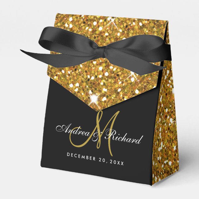 Schwarzes Gold Glitzer Monogram-Gastgeschenk Hochz Geschenkschachtel (Vorderseite)