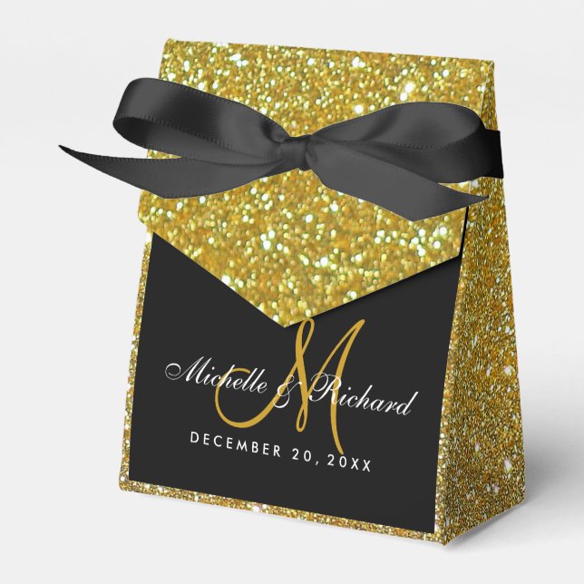 Schwarzes Gold Glitzer Monogram-Gastgeschenk Hochz Geschenkschachtel (Vorderseite)